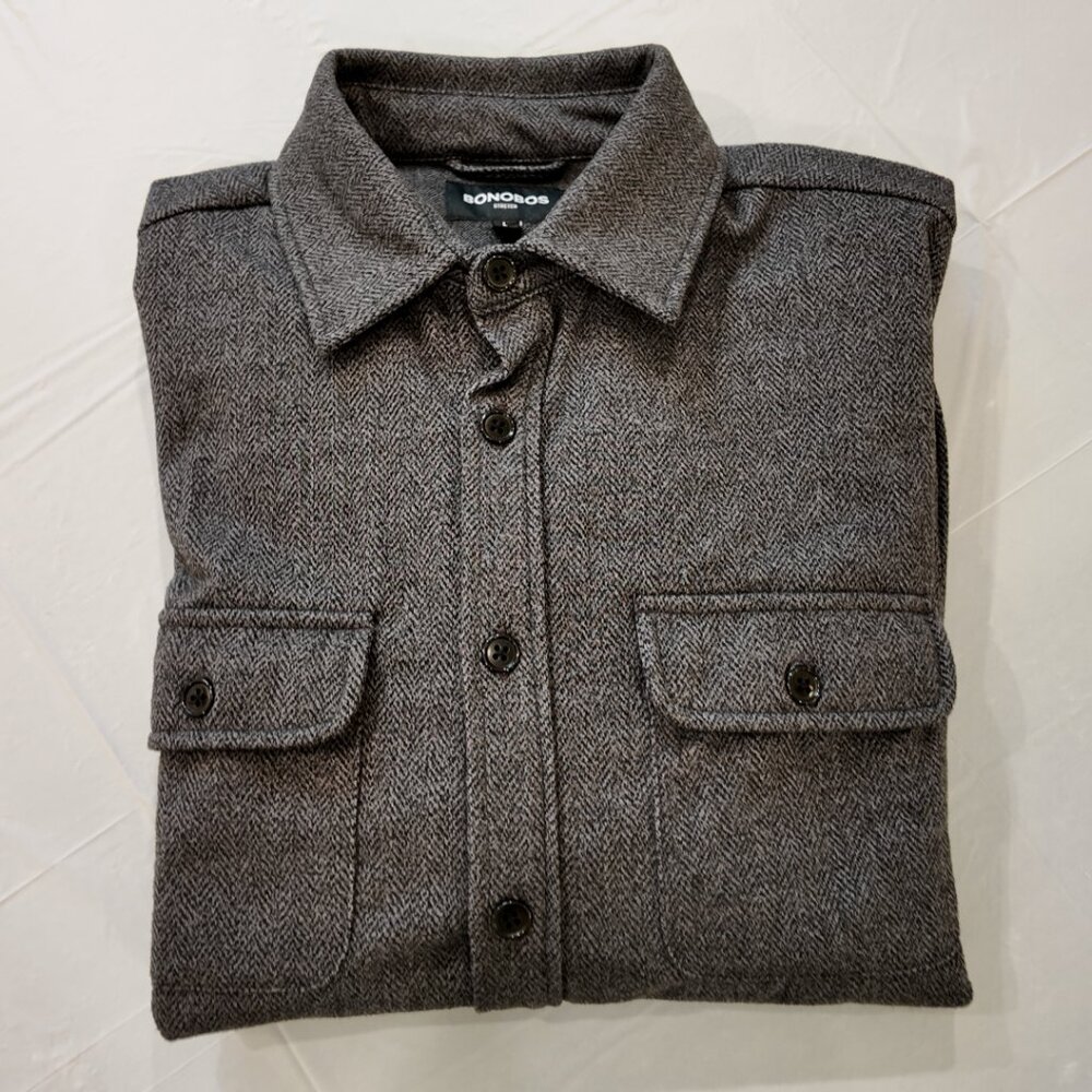 Bonobos | Grey Herringbone Sweater Overshirt | Size Large - Picture 4 of 10